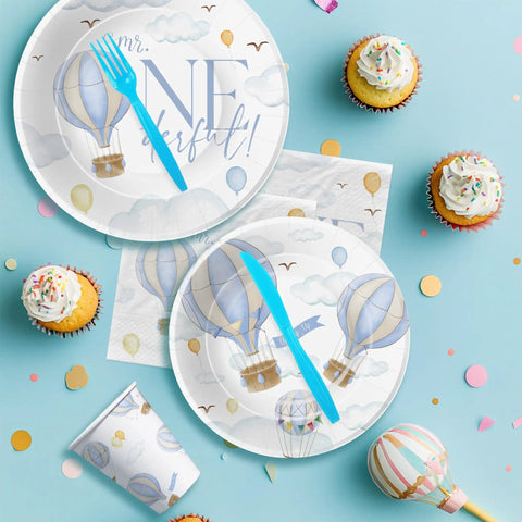 Hot Air Balloon 1st Birthday Party Supplies Set For Boys Mr Onederful Themed Tableware Pack Including Plates Napkins Cups And Cutlery In Blue For 24 Guests Lil Man Approved displayed with cupcakes.