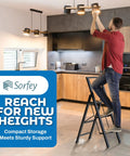 3 Step Folding Step Ladder With Bamboo And Black Aluminum Dope Ultra Slim Profile Non Slip Treads Lightweight Yet Durable For Home Office Kitchen Photography And DIY Projects Portable, man changing kitchen light