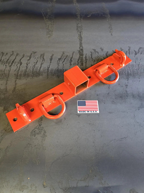 Bolt On Chain Hooks And D Rings Receiver Hitch Kit for tractors, orange powder-coated with USA flag, top view