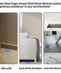 Heavy Duty Mouse And Insect Traps 12 Pack With Non Toxic Sticky Glue Sheets For Indoors and Badass Roach Rat Catcher placed by side walls, furniture, and kitchen sink.