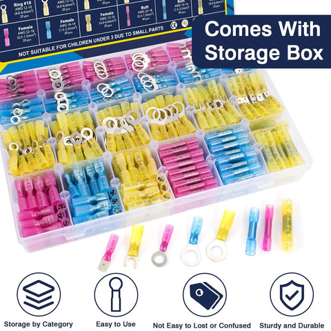 610 Piece Heat Shrink Wire Connectors Kit For Marine Use With Waterproof Crimp Terminals Including Rings Male And Female Terminals Forks And Butt End Connectors Insulated Terminal Assortment For Boat Auto RV Wiring Projects in storage box