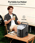 Man enjoying drink next to countertop nugget ice maker with handle ready in about 6 minutes produces up to 35 lbs per day