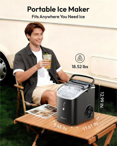 Man enjoying drink next to countertop nugget ice maker with handle ready in about 6 minutes produces up to 35 lbs per day