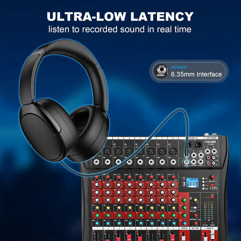 Headphones connected to Eight Channel DJ Mixer For Home Studio And Live Gigs With Bluetooth And USB MP3 Playback Pro EQ XLR Mixer