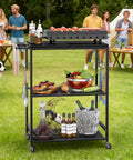 Outdoor Grill Cart With 3 Tier BBQ Prep Table On Wheels, Rolling Outdoor Kitchen Stand, holding food and drinks on patio