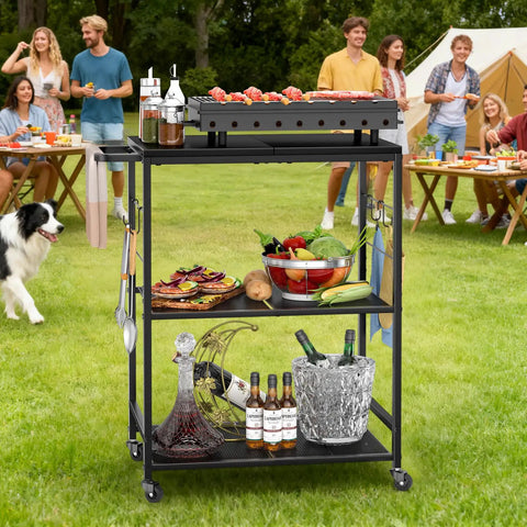 Outdoor Grill Cart With 3 Tier BBQ Prep Table On Wheels, Rolling Outdoor Kitchen Stand, holding food and drinks on patio
