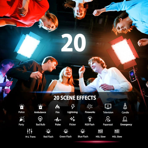Two Pack RGB Video Lighting Kit With 40W Output And 360 Degree Full Color Range From 2700K To 6500K, 20 Effects, Remote Control And Display with partygoers dancing.