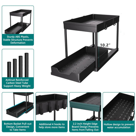 Heavy Duty Black Under Sink Organizer 2 Pack With Smooth Glide Sliding Drawers For Bathroom Cabinet Maximize Your Space Hella Smoothly With Slam Dunk Storage And Boss Level Organization Setup, showing pull-out trays and steel tubes.