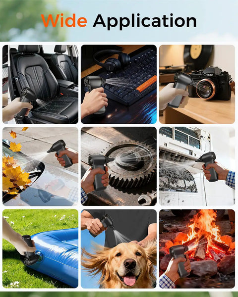 Beast Power Cordless Air Duster with 180000 RPM Turbo Airflow used on car seat, keyboard, camera, yard, and inflatable,