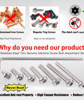 Top Shelf Stainless Steel Button Head Torx Security Screws With T20 Bit, M4 Assortment Kit showcasing rust-resistant fasteners.