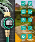 360 Degree Rotatable Water Flow Meter with brass inlet and outlet, displaying water usage and flow rate, connected to garden hose.
