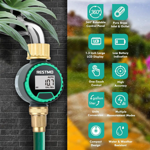 360 Degree Rotatable Water Flow Meter with brass inlet and outlet, displaying water usage and flow rate, connected to garden hose.