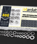 Must Have 400 Piece Stainless Steel Lock Washer Set With Flat, Split, Internal Tooth And External Tooth Washers In Six Sizes