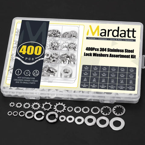 Must Have 400 Piece Stainless Steel Lock Washer Set With Flat, Split, Internal Tooth And External Tooth Washers In Six Sizes
