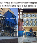 G1-inch diaphragm pulse valve for dust collection; collage showing bag-type dust collector (left) and cartridge dust collector (right).