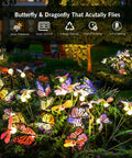Solar Powered Butterfly Garden Stake Lights Two Pack Outdoor Decor with bright LEDs and colorful butterfly shapes in a garden setting.
