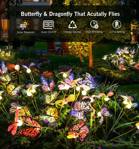 Solar Powered Butterfly Garden Stake Lights Two Pack Outdoor Decor with bright LEDs and colorful butterfly shapes in a garden setting.