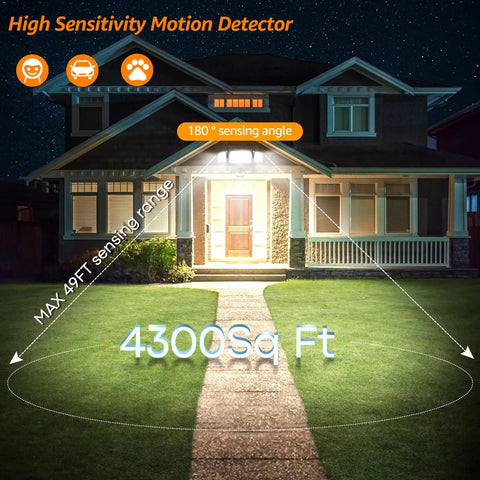 Motion Sensor Outdoor Flood Light With Three Adjustable Heads, IP65 Waterproof LED Security Floodlight, 6500K Daylight, 60W 6200LM, Detects Movement Up To 49 Feet installed on house exterior