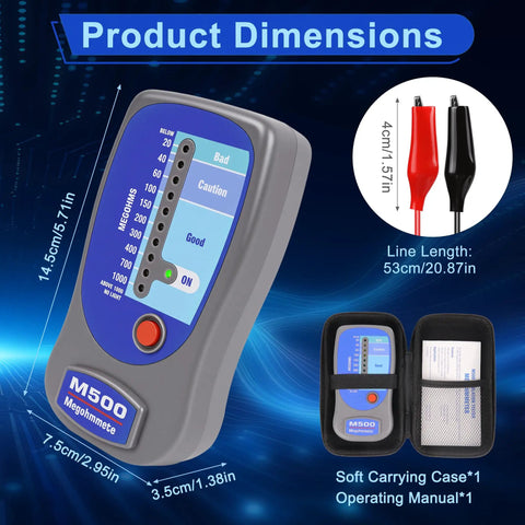 High Voltage Insulation Tester Megohmmeter Up To 1000 Megohms At 500 Volts For HVAC Pros Tough Impact Resistant Meter With Soft Case LED Zone Indicator Compatible With Supco M500 Ideal For Compressor And Motor Windings, dimensions shown