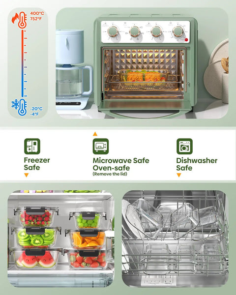 40 Piece Borosilicate Glass Food Storage Set With Lids, Leak Proof And BPA Free, shown in fridge and dishwasher.