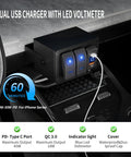 Built Tough 2 Gang Rocker Switch Panel With Waterproof LED Indicators And Dual PD Type C QC 3.0 USB Charging Ports Night Glow Labels for dashboard installation.