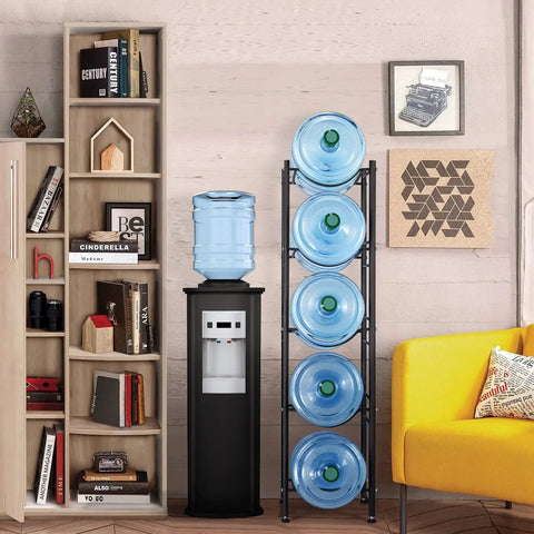 Room with five gallon water jug holder and five tier heavy duty water cooler rack with detachable stand, black finish.