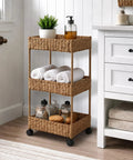 3-Tier Rolling Storage Cart Cinnamon Water Hyacinth Finish For Bathroom Nursery Craft Room And Laundry Organization On Wheels
