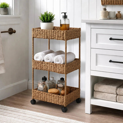 3-Tier Rolling Storage Cart Cinnamon Water Hyacinth Finish For Bathroom Nursery Craft Room And Laundry Organization On Wheels