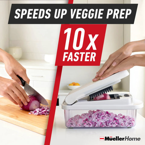 Comparison of hand slicing onion and using Real Original Pro 10 in 1 Vegetable Chopper and Mandoline Slicer with 8 Blades.