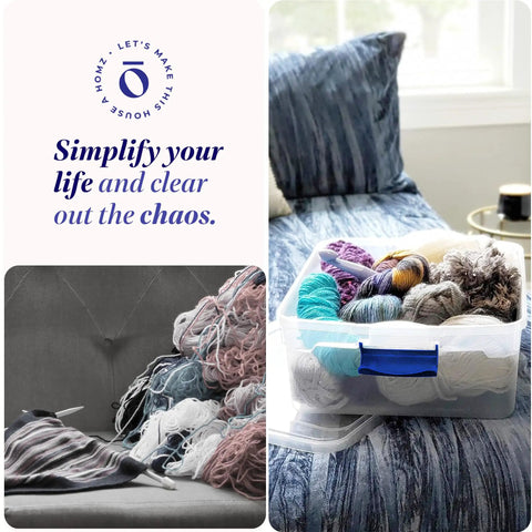 Super Sturdy Clear Under Bed Storage Bins With No Sweat Snap Lids 15.5 Quart Heavy Duty Plastic Organizers 16 Pack filled with yarn.