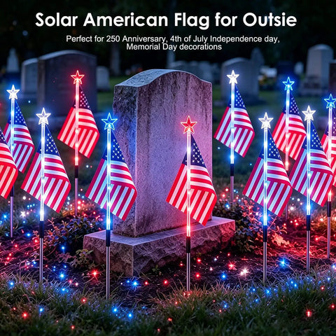 Outdoor Patriotic LED Flag Lights Kit, 9-Pack Solar American Flag Lights for Garden Pathway in a cemetery at night