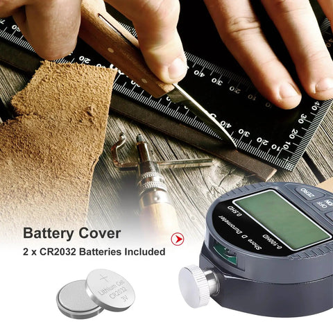 Digital Shore Type D Durometer Hardness Tester 0-100HD With 0.1HD Resolution Top Notch Gauge For Rubber Plastic Leather Tires And Wax Easy Read Digital Display Rugged Handheld Analyzer in use on leather sample