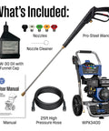 Powerful Gas Pressure Washer 3400 PSI, 2.6 GPM with onboard soap tank, 25 ft hose, spray gun, 5 nozzle set, manual, pro-steel wand