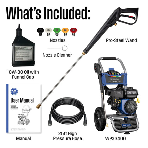 Powerful Gas Pressure Washer 3400 PSI, 2.6 GPM with onboard soap tank, 25 ft hose, spray gun, 5 nozzle set, manual, pro-steel wand