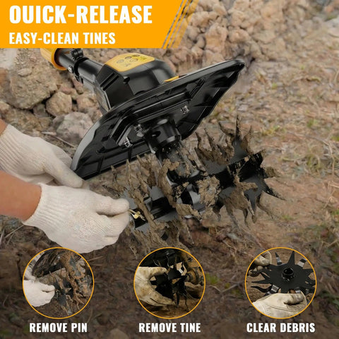 Hands using Beefed Up Cordless Tiller Cultivator For DeWalt 20V Max Batteries, 9 Inch Tilling Width And 7 Inch Depth, soil debris removal