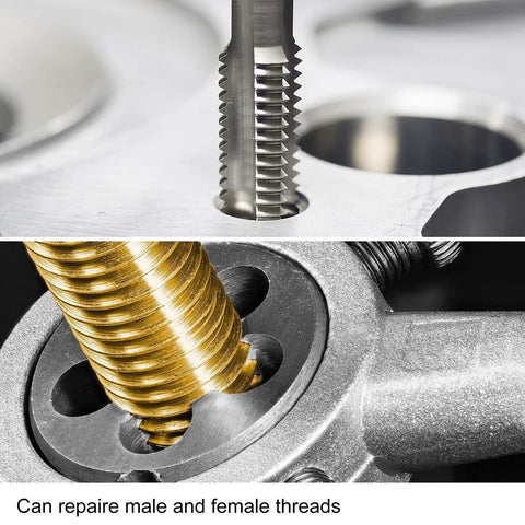 Close-up of M5 X 0.5mm Metric Tap And Die Set With Round Threading Die used for thread repair on metal surfaces.
