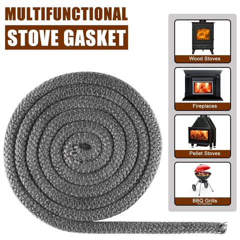 Wood stove gasket rope, front view: rolled 1-inch fiberglass rope, 98 inches long, gray braided heat-resistant seal