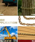 G80 Tow Chain 3 Eighth Inch By 20 Feet With G70 Hooks Heavy Duty Binder Chain For Logging Tie Down And Transport On Flatbed Trucks 7100 Lbs Safe Working Load Zinc Plated used in towing, logging, lifting, and binding applications.
