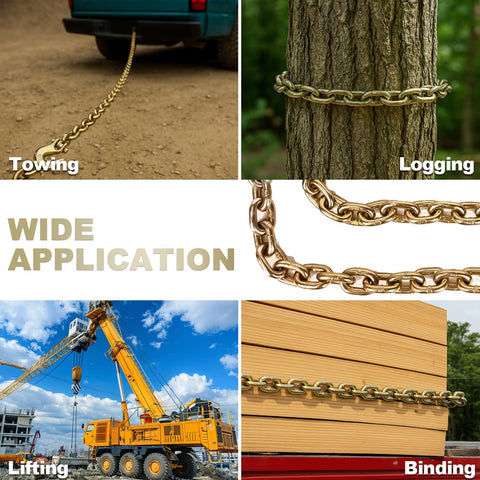 G80 Tow Chain 3 Eighth Inch By 20 Feet With G70 Hooks Heavy Duty Binder Chain For Logging Tie Down And Transport On Flatbed Trucks 7100 Lbs Safe Working Load Zinc Plated used in towing, logging, lifting, and binding applications.
