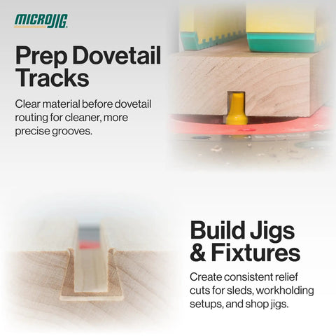 Close-up of Matchfit One Quarter Inch Relief Router Bit cutting dovetail tracks in wood for clean, precise grooves.