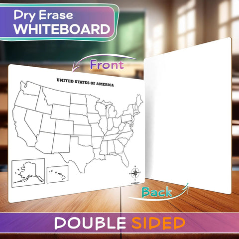 Double-sided United States Map Dry Erase Whiteboard For Classroom 11x14 Kid Friendly Travel USA Learning Tool displayed on desk.