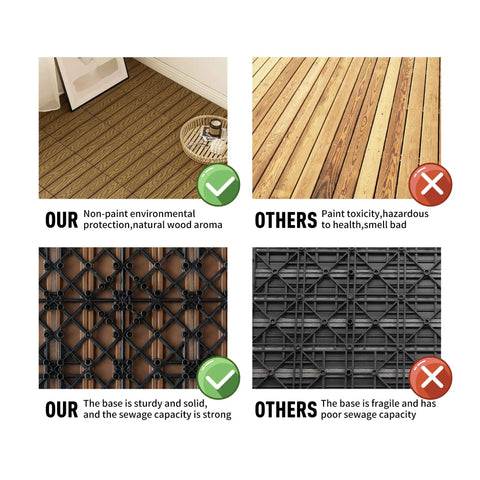 Comparison of interlocking wood plastic composite deck tiles 12x12 inches for indoor outdoor use water resistant 3D finish.