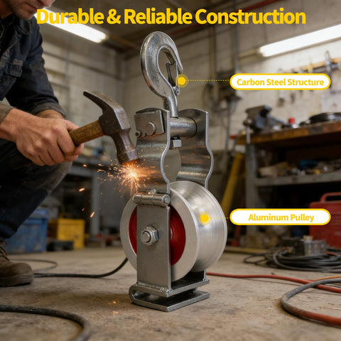 Beefy Heavy Duty Cable Pulley With Dual Mounting Options being assembled, showcasing carbon steel structure and aluminum pulley