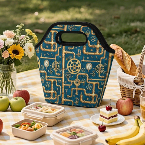 Steampunk Gear Lunch Bag For Women And Men Portable Insulated Waterproof Leakproof Meal Carrier at a picnic setting