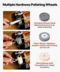Heavy Duty Bench Buffer Polisher With Hella Adjustable Speed Up To 10600 Rpm And A Straight Up 100 Piece Accessory Kit For Knocking Out Wood Metal Jewelry And Stone Diy Grinding Tasks Get That Sharp Final Shine showing multiple hardness polishing wheels for different tasks.