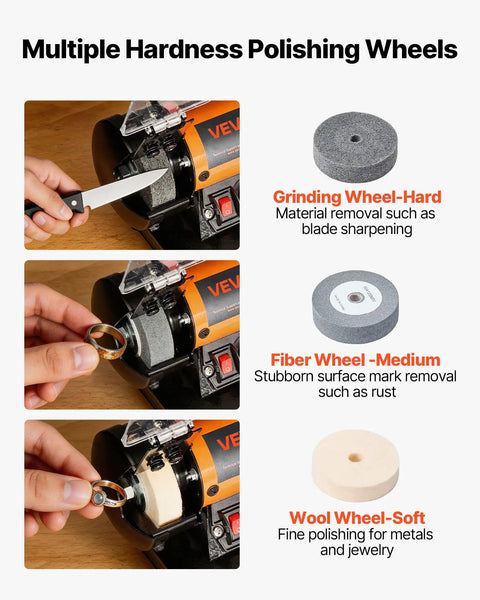 Heavy Duty Bench Buffer Polisher With Hella Adjustable Speed Up To 10600 Rpm And A Straight Up 100 Piece Accessory Kit For Knocking Out Wood Metal Jewelry And Stone Diy Grinding Tasks Get That Sharp Final Shine showing multiple hardness polishing wheels for different tasks.