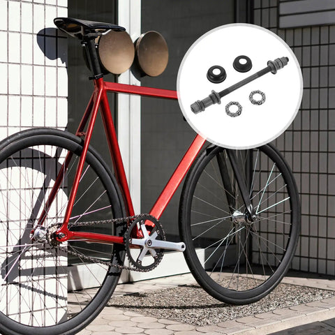 No Sweat Rear Axle Replacement For Mountain Bike 180mm Steel Shaft With 25mm Bearing And Washers Corrosion Resistant DIY kit shown on red bike.