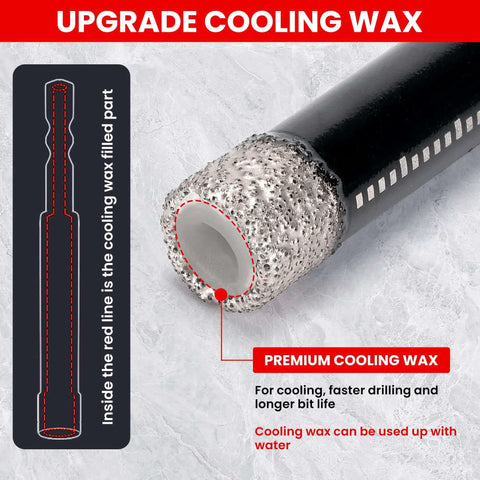 REKCKRUL diamond drill bits set (10-pack) with cooling wax; close-up of diamond-coated bit for ceramic, tile and glass