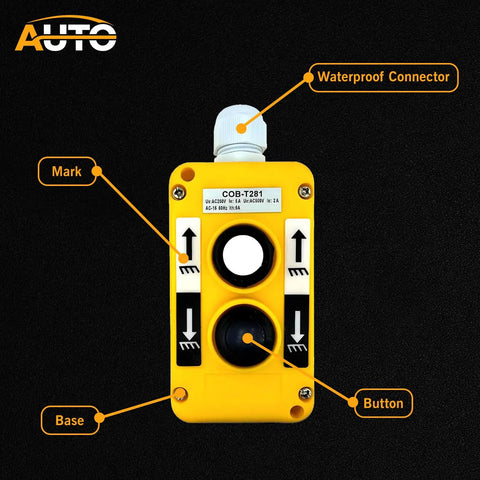 Waterproof Industrial 2 Button Electric Hoist Crane Pushbutton Switches With Box Holder Cob For Up Down Driving Control, front view