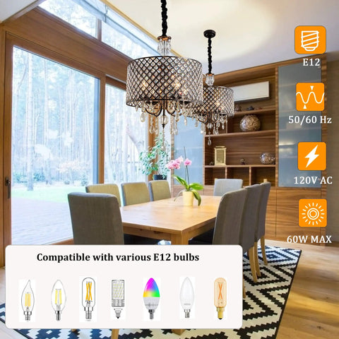 Crystal Drum Chandelier With Bronze Finish Four Light Ceiling Fixture For Dining Room illuminating a modern dining space.